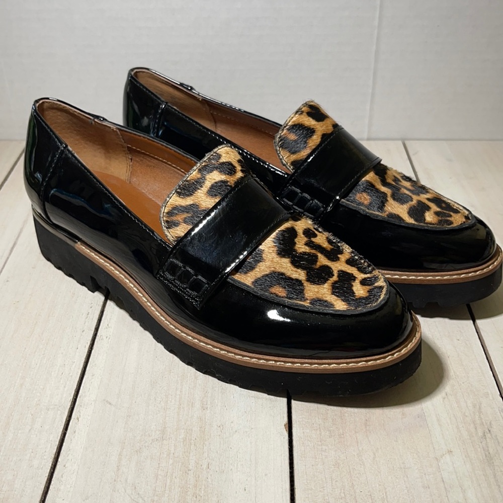 Women’s patten leather loafers with animal print
